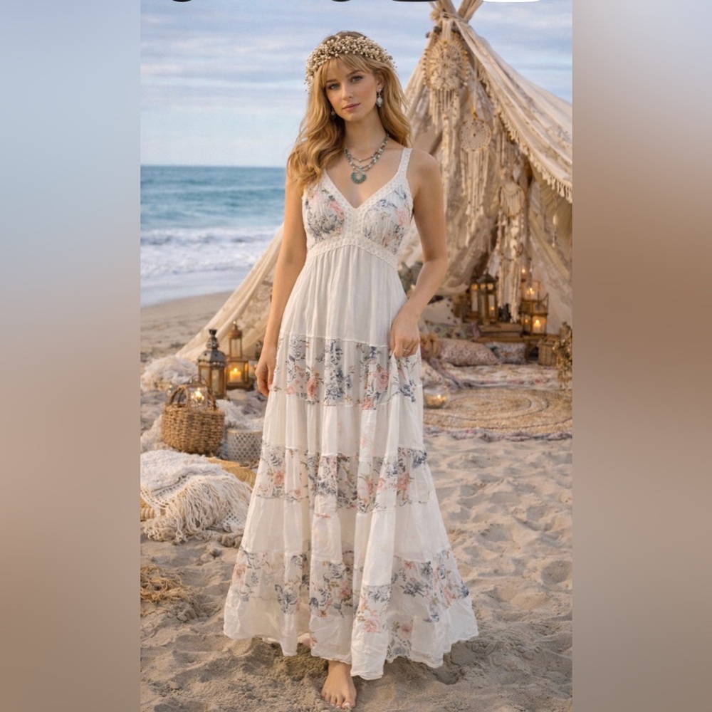 *Vintage 90’s Floral White -crochet trim- cotton- Bohemian Maxi Dress - festival